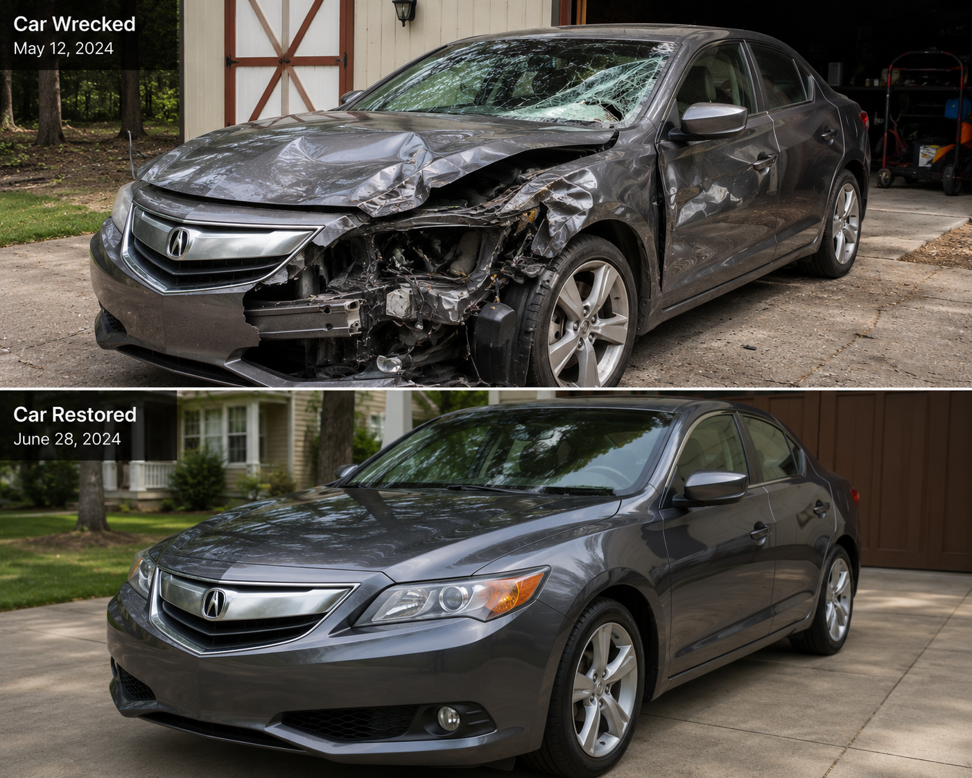 Wrecked car and restored car comparison
