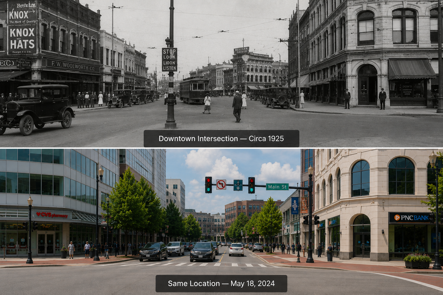 1920s downtown intersection and modern day comparison