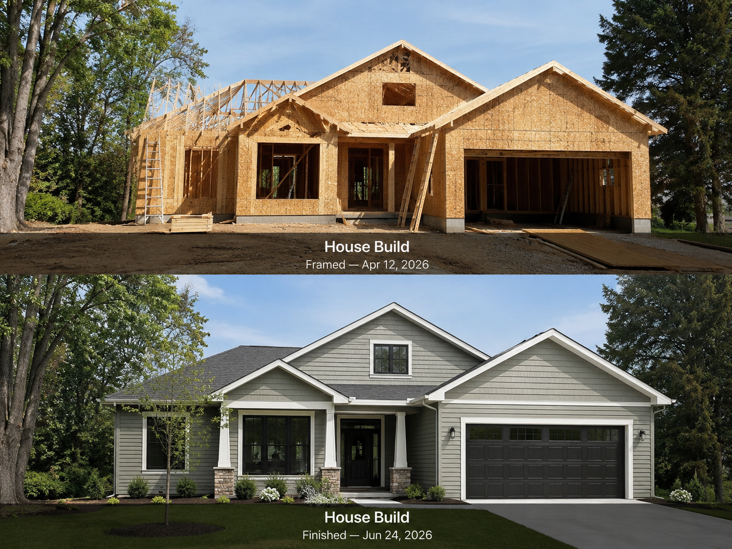 House framing and finished siding comparison