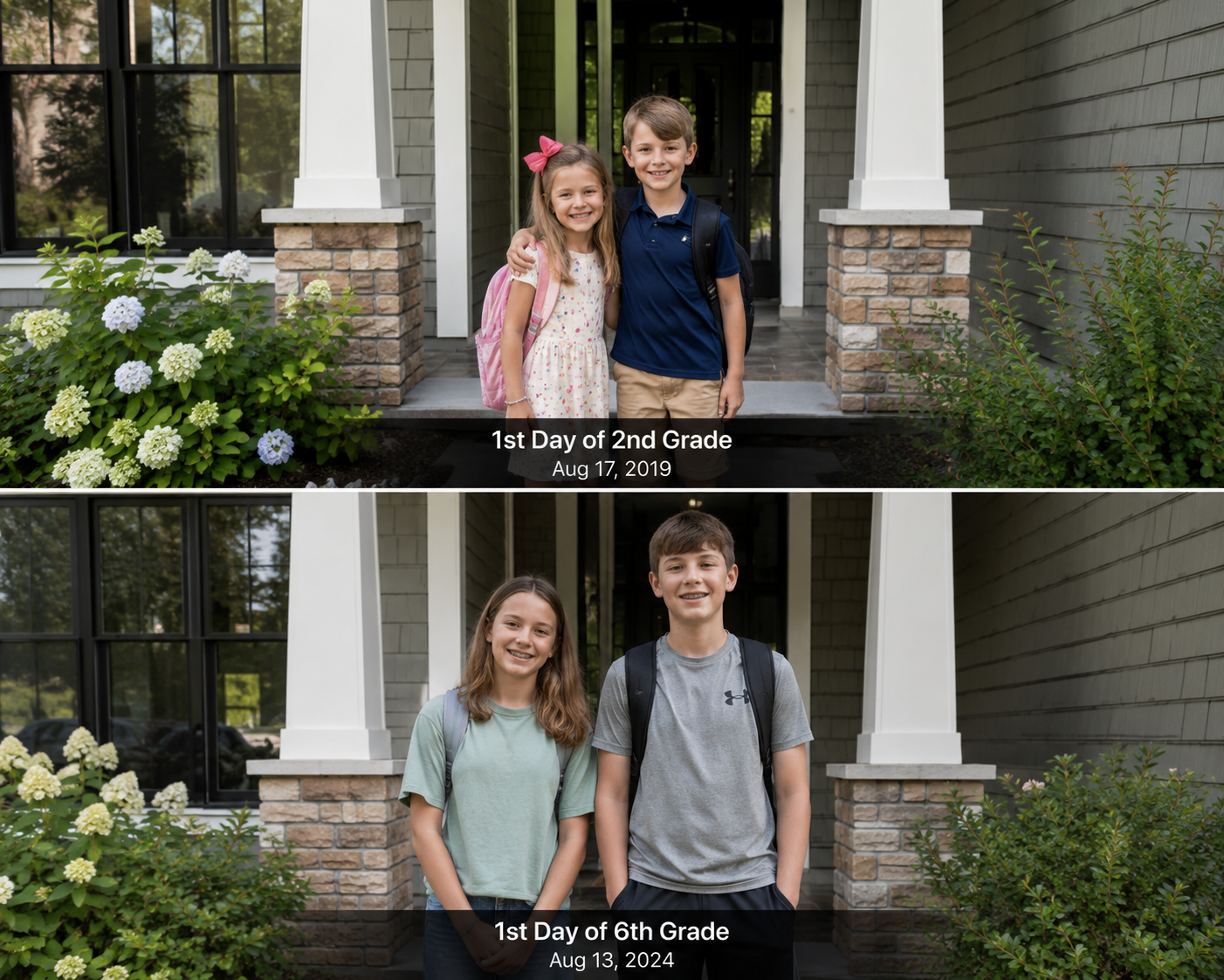 Kids on porch first day of school comparison