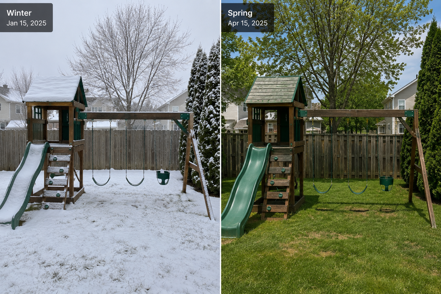 Backyard swingset winter and spring comparison